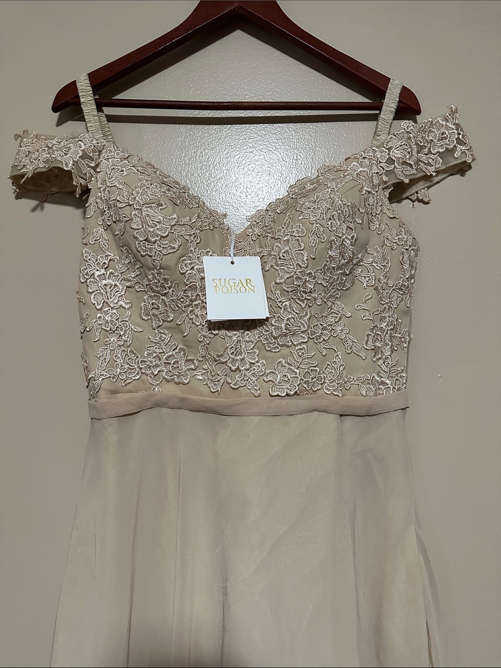 Sugar+Poison Lace Bodice Off-Shoulder Gown in Blush, size 9